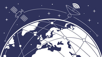 Illustration of global communication network with satellite and antenna connection design concept