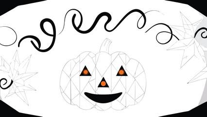 A halloween pumpkin with orange eyes and mouth surrounded by stars and swirls on a white background design
