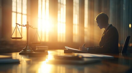 Legal professional writing in office during sunset courtroom setting document preparation professional environment side view justice concept