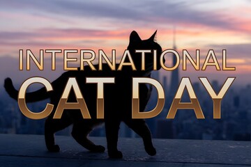 Celebrate international cat day with a cityscape silhouette at sunset