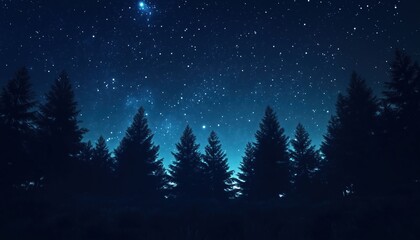 Naklejka premium Silhouettes Of Trees In A Starry Night Forest With Fir And Pine Trees. Dark Night Sky Filled With Twinkling Stars.