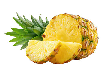 A whole pineapple, partially sliced, showcasing its vibrant yellow flesh and green crown, against a black background