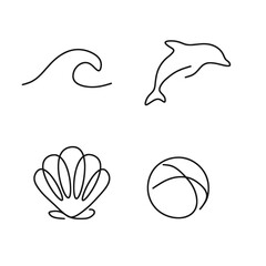 Ocean Icons: A set of four basic black line drawings depicting a rolling ocean wave, a leaping dolphin, an open seashell, and a beach ball.