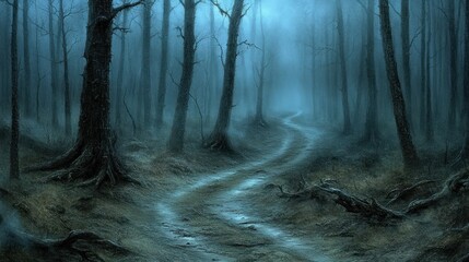 Misty, dark forest path