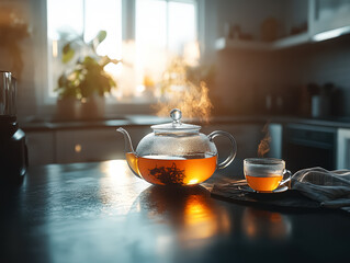 Teapot with a lid on a table with a cup of tea next to it