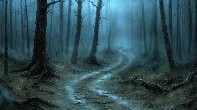Misty, dark forest path