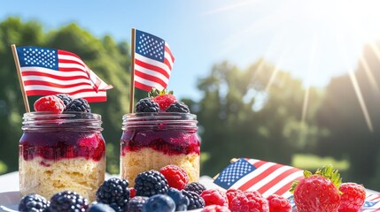 Celebrating independence day with delicious berry desserts and american flags