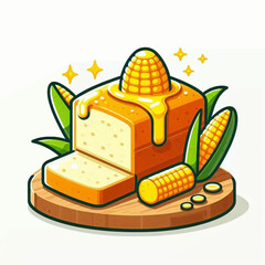 Cornbread with honey corn and leaves on a wood board