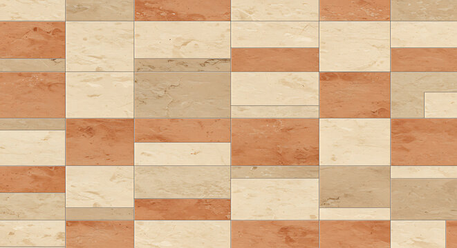 Rectangular stone tiles in beige and terracotta natural stone