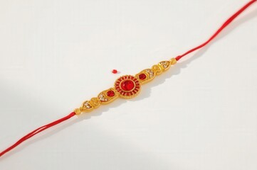 Ornate rakhi with red silk thread and golden decorative elements - traditional Indian festival bracelet for Raksha Bandhan religious ceremony
