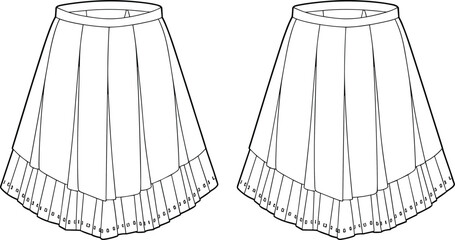 Pleated skirt front, back view, fashion illustration, clothing design, stylish garment sketch, editable template, vector drawing, apparel mockup