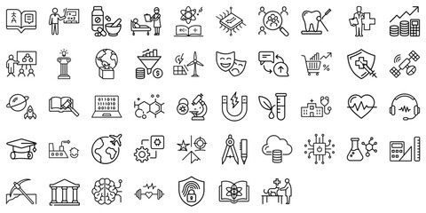 Outline Icons Set of University Faculties and Academic Disciplines in Minimal Style on White Background