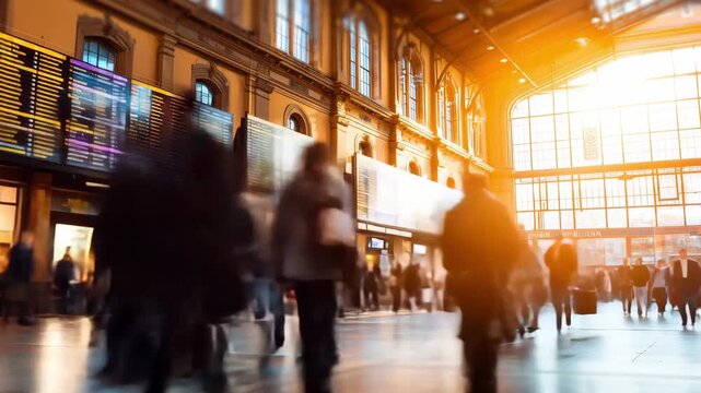 People rush through a bustling train station while departure boards announce upcoming trains in the warm glow of sunset