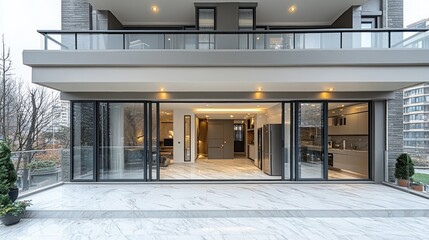 Desain arsitektur modern bangunan kantor ini menampilkan kemewahan pada pintu masuk aula, koridor, dan ruang lift dengan dinding serta lantai kaca yang berpanel