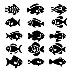 Set of fish. Fish icon vector isolated on white black background. Fish icon set.
