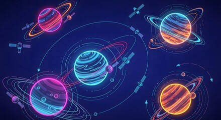 Illustration of planets with rings and orbiting satellites