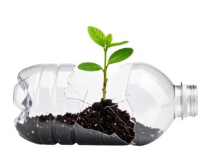 Broken plastic bottle with growing plant inside, isolated on a transparent background