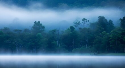 A misty forest landscape with a body of water in the front
