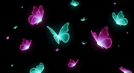 Glowing butterflies in pink and teal on a black background