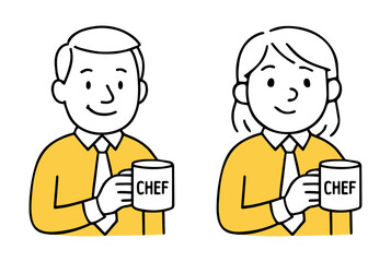 Business Man And Business Woman with Coffee Mug Labeled “Chef”. Smiling Human in Yellow Shirt and Tie, Friendly Expression, Office Worker. Hand-Drawn Doodle Style Line Vector Illustration