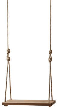 Wooden swing hanging from rope on transparent background  