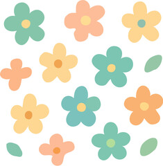 A collection of colorful cartoon flowers and leaves arranged against a white background.