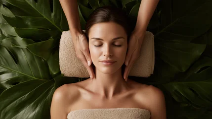 Keuken achterwand Massagesalon spa, woman has a relaxing massage, dark beige colours, big green leaves, relaxing atmosphere, massage photograph in the background  © Enrique