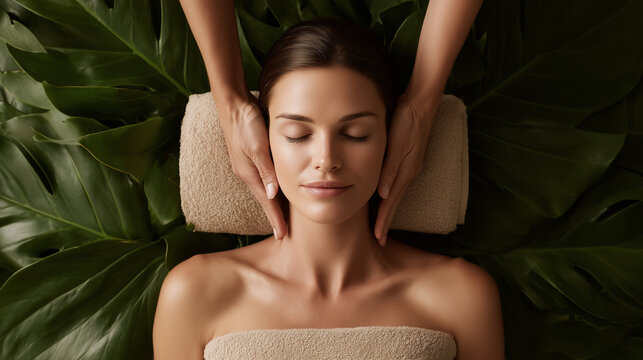 spa, woman has a relaxing massage, dark beige colours, big green leaves, relaxing atmosphere, massage photograph in the background
