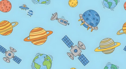 Seamless pattern featuring planets satellites and ufo on blue