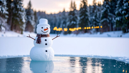 Fototapeta premium Charming Snowman on Frozen Lake at Sunset