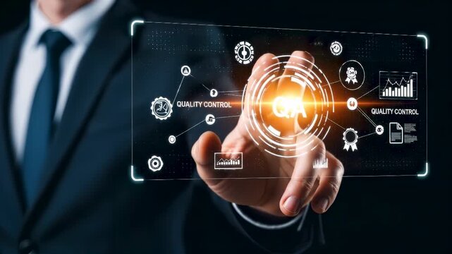 A businessman hand interacts with a holographic QC/QA dashboard, representing digital quality management, compliance, standard certification and continuous improvement in modern business environments. - Powered by Adobe