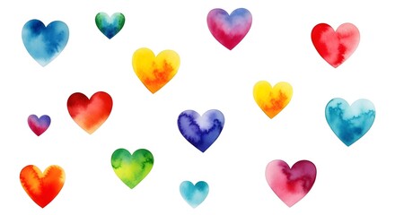 Watercolor hearts in various colors scattered on white background