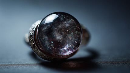 Black hole jewelry, glowing swirling ring with cosmic light reflections in dark backdrop