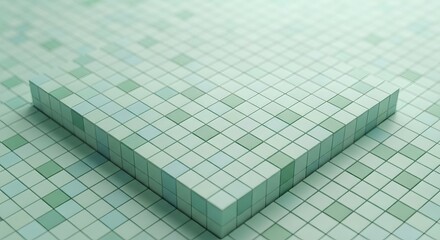 Close up of a raised platform made of small green square tiles