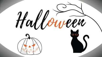 Halloween themed image featuring a pumpkin, black cat, bare tree branches, and the word halloween script