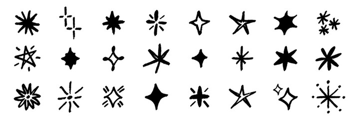 Crayon hand drawn stars and sparkles set. Childish doodled sparks collection. Grunge rough brush stroke shine element pack for collage, poster, sticker, label. Black pencil sketched symbols. Vector