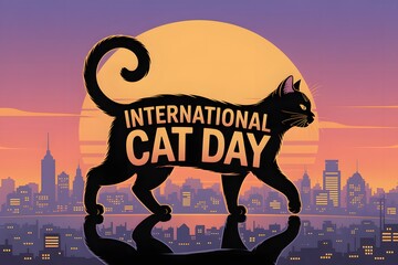 A black cat silhouette walks across a cityscape with a moon