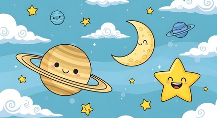 Cartoon space scene with planets stars moon and cute faces