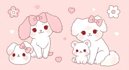 Cute cartoon animals with bows on a pastel pink background