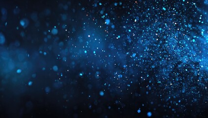 Abstract blue bokeh background with varying sized luminous particles dispersed across a dark backdrop, creating a sense of depth and movement