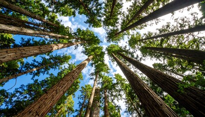 Fototapeta premium Looking up at tall trees in a forest. Sunny day