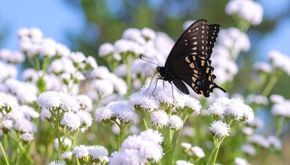 Black swallowtail butterfly on small white flowers