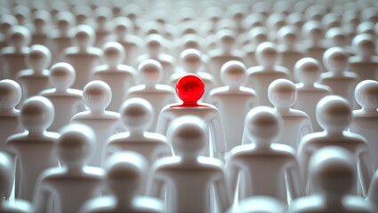 Obraz premium a sea of identical, white, minimalist human figures in a slightly blurred arrangement, with one figure standing out prominently in bright red