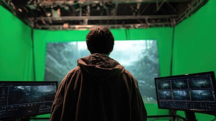 Obraz premium Person in green screen studio, monitors