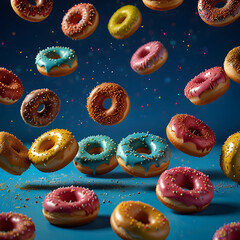 Colorful Floating Donuts with Sprinkles on Blue Background – Tasty Pastry Art