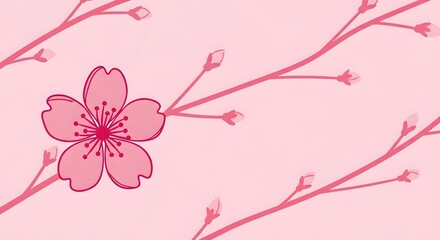 Illustration of a pink cherry blossom with branches and buds