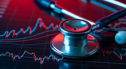 A stethoscope rests on a financial graph, symbolizing health and economic indicators