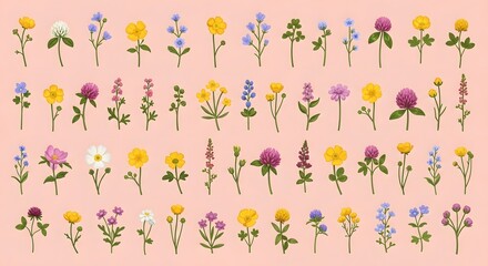 Assorted floral illustrations on a light pink background