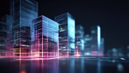 Futuristic city, glowing glass skyscrapers, digital architecture