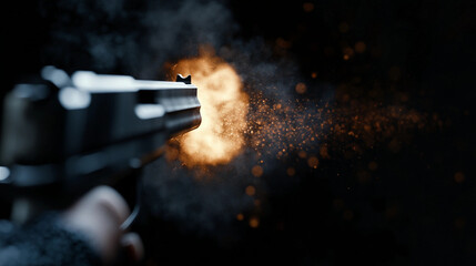 Backview close up gun fire shot on black background